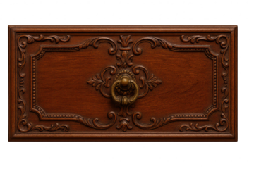 Ornate dark wood panel with brass ring pull isolated on transparent background.