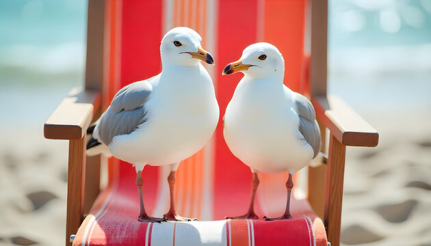 Two seagulls sitting on a red-and-white striped deckchair at the beach, with soft sand in the foreground and the calm sea in the background. A playful, summery coastal scene that captures seaside, ad