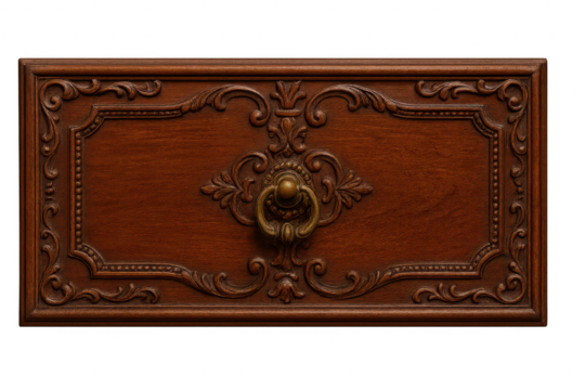 Ornate dark wood panel with brass ring pull isolated on transparent background.