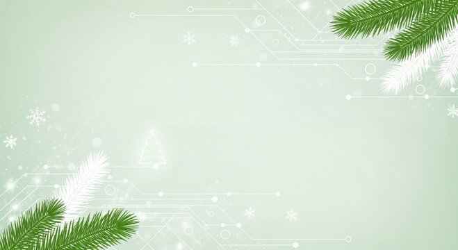 Modern Winter Holiday Background with Digital Circuitry and Festive Spruce Branches