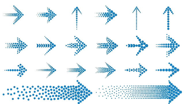 A collection of blue arrows in various sizes and styles, some appearing to dissolve into dots, arranged on a white background.