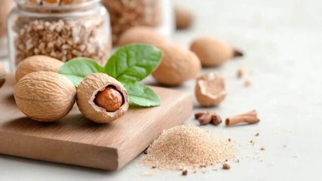 Nutmegs and Spices Composition: An enticing composition showcasing whole nutmegs alongside a fresh basil leaf, nutmeg powder, and other spices, artfully arranged on a wooden board. 