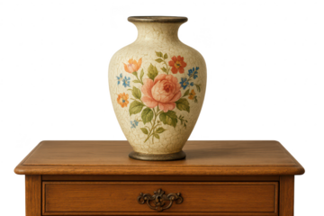 Vintage floral vase on an elegant wooden table, isolated on transparent background