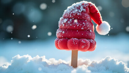 A whimsical red Christmas tree-shaped popsicle wearing a Santa hat, standing in fresh snow as delicate snowflakes fall around it. A playful and festive winter scene with vibrant colors, photo, macro