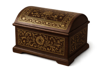 Ornate dark wood jewelry box with intricate gold floral pattern, transparent background