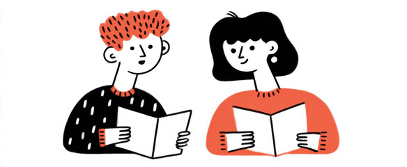 Pair of classmates share excitement and curiosity exchanging ideas while reading aloud together