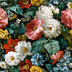 Lush bouquet of Rose Pink, Scarlet Red, and Dark Teal flowers, expertly painted to evoke classic Dutch masters, perfect for enhancing digital designs in adobe photoshop with a vibrant, timeless aesthe