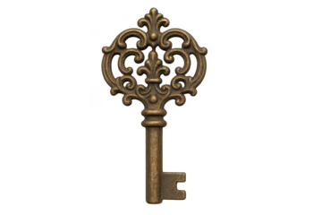 Beautiful ornate antique skeleton key, isolated on transparent background.