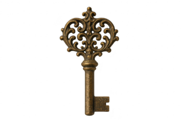 Ornate vintage skeleton key isolated on transparent background, detailed metal