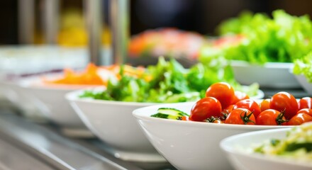 Fresh tomatoes and greens line up at a bright salad bar display in a bustling kitchen