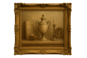 Vintage still life painting with gold frame, isolated on transparent background.