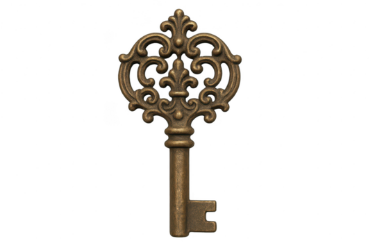 Beautiful ornate antique skeleton key, isolated on transparent background.