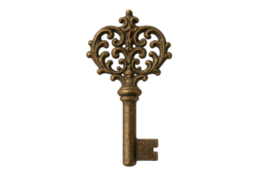 Ornate vintage skeleton key isolated on transparent background, detailed metal