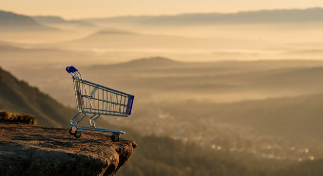 Shopping cart perched on a cliff edge at sunrise over a misty valley toward dawn