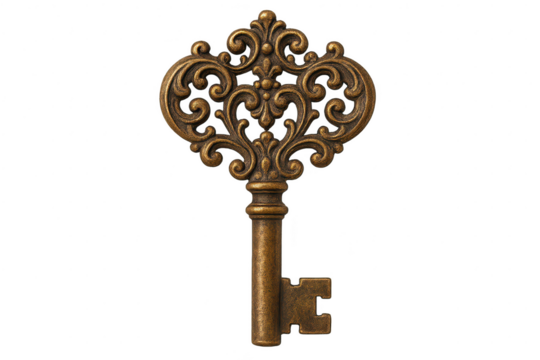 Antique ornate skeleton key isolated on transparent background, detailed metal design