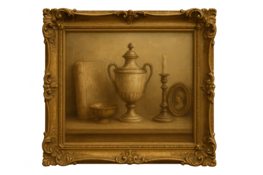 Vintage still life painting with gold frame, isolated on transparent background.