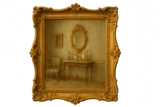 Ornate gold frame with classic painting, isolated on transparent background