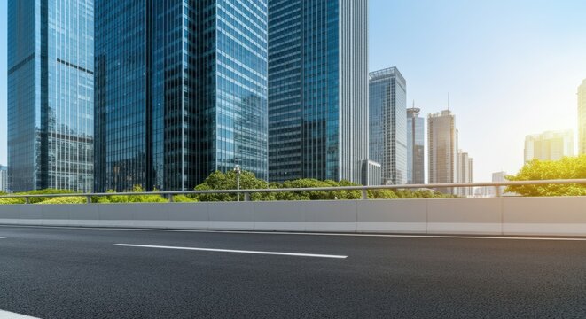 Urban street scene with glass skyscrapers and a bright sky over a modern highway