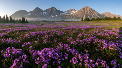 Obraz premium Vast field of vibrant purple wildflowers blooming in a mountain meadow under a clear blue sky