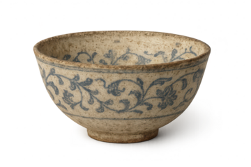 Old ceramic bowl, blue floral pattern, isolated on transparent background.