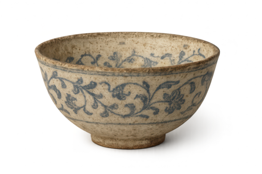 Old ceramic bowl, blue floral pattern, isolated on transparent background.