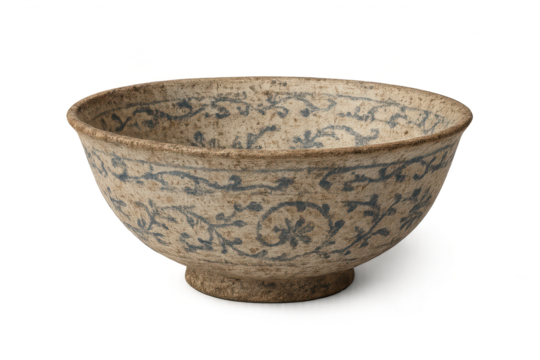 Ancient ceramic bowl with blue floral patterns isolated on transparent background