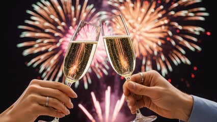 Hands Clinking Champagne Glasses Against a Spectacular New Year's Eve Fireworks Display - Toasting to a Bright Future Celebration