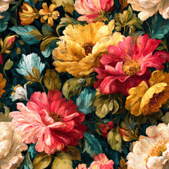 Opulent floral seamless pattern, masterfully created using Adobe Photoshop, features a rich tapestry of Fuchsia Pink, Golden Yellow, and Teal Green blossoms, evoking a luxurious and elegant botanical 