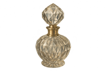 Ornate antique crystal decanter for spirits, isolated on a clean transparent background.