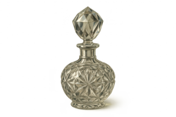 Elegant faceted crystal decanter with stopper, isolated on transparent background