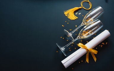 Graduation celebration with champagne flutes diploma scroll and gold tassel perfect for academic achievement and commencement announcements