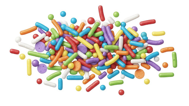 A vibrant assortment of colorful sprinkles, including rods, balls, and discs, scattered on a white surface.