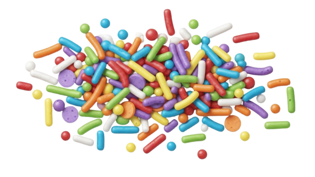 A vibrant assortment of colorful sprinkles, including rods, balls, and discs, scattered on a white surface. - Powered by Adobe