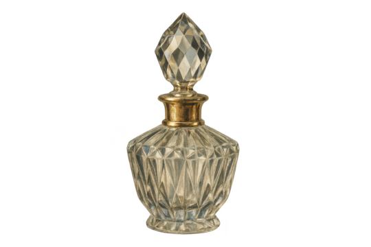 Elegant crystal perfume bottle, faceted stopper, isolated on transparent.