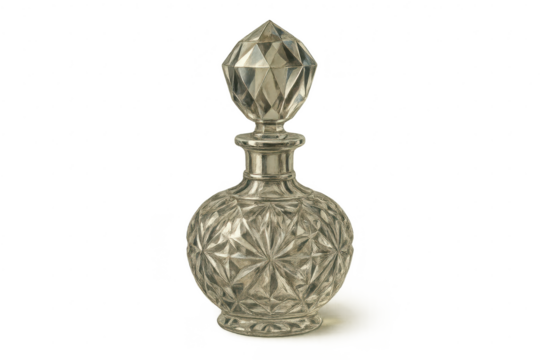 Elegant faceted crystal decanter with stopper, isolated on transparent background