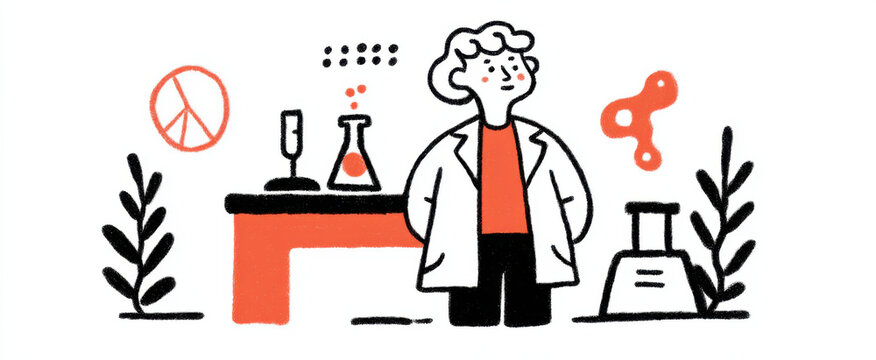 The student stands next to a bright science project display board