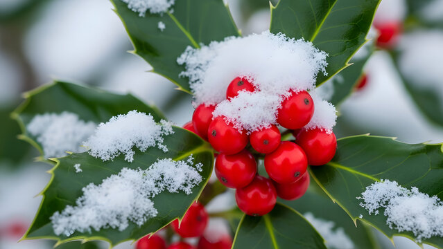 Vibrant red holly berries and green leaves lightly dusted with fresh white snow during the cold winter season - Powered by Adobe