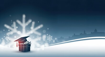 Graduation cap and gift box in a festive winter scene with glowing snowflakes and urban silhouette
