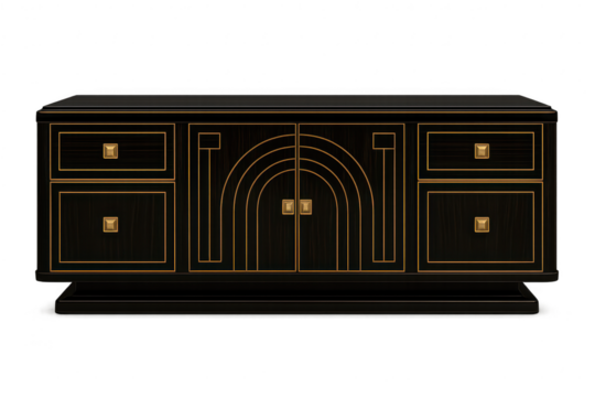 Art Deco black wooden cabinet with gold trim, isolated on transparent background - Powered by Adobe