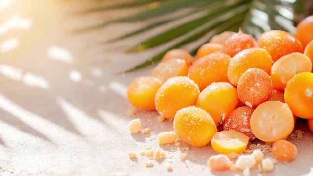 Kumquat Harvest: A sun-kissed collection of fresh, ripe kumquats and small chunks, alongside subtle palm frond shadows and textures, ready to be enjoyed or used in gourmet recipes.