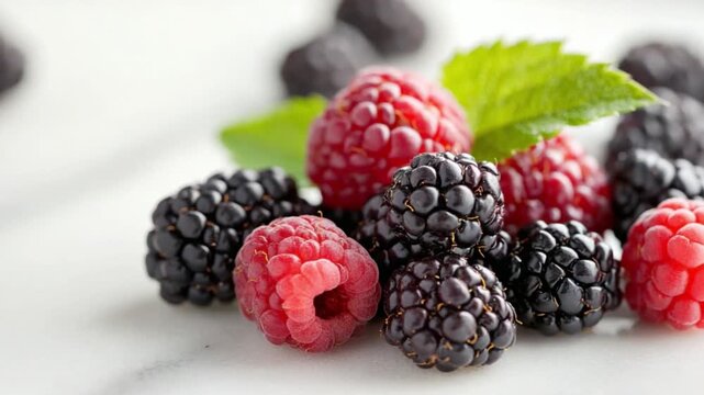 Berry Bliss: A close-up showcases a medley of fresh raspberries and blackberries, accompanied by a sprig of mint, celebrating nature's bounty and culinary delight.