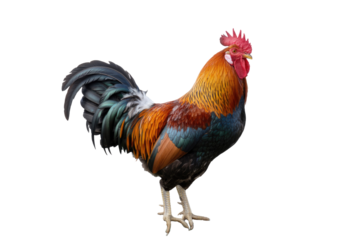 A majestic rooster with a bright red comb and wattle, featuring vibrant multi-colored feathers, stands confidently isolated on a plain transparent background. background removed