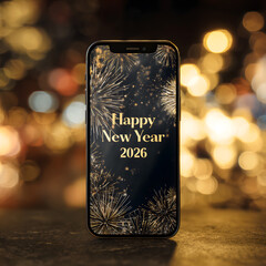 Happy New Year 2026 greeting displayed on a smartphone at a festive celebration