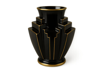 Elegant black and gold Art Deco vase isolated on transparent background, luxurious.