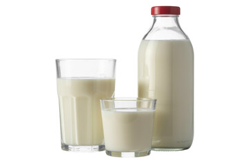 A classic glass bottle of fresh milk alongside two clear glasses filled with wholesome white milk, perfect for healthy nutrition. background removed