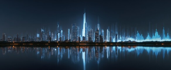 Futuristic digital cityscape glowing with bright charts and vibrant data visuals