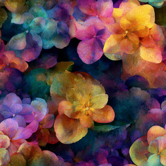 A stunning, vibrant floral pattern bursting with a rich blend of Fuchsia, Azure Blue, and Golden Yellow hues, perfect for abstract backgrounds and creative digital art projects in adobe photoshop.