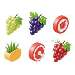 Stylized 3d rendering of colorful grapes, potted plant, and abstract icons