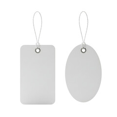 Two blank white rectangular and oval tags with strings for pricing and labeling