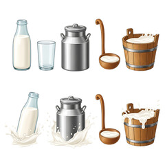 Dairy products set with milk bottle, can, bucket, and splashing liquid
